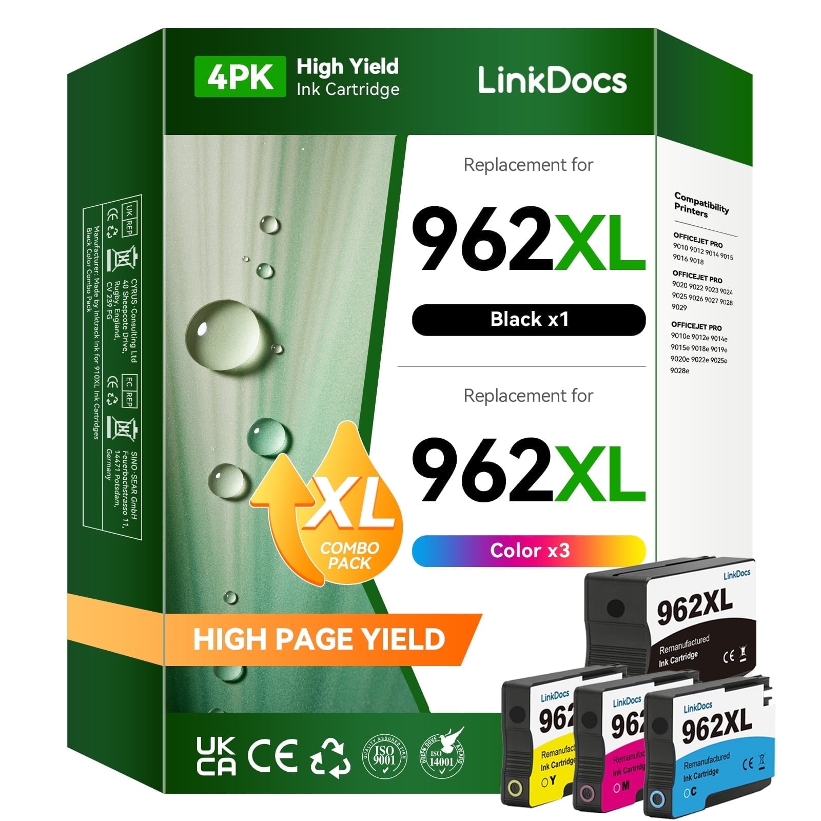 962XL Ink Printer Cartridge Compatible for HP 962 Ink Cartridges for OfficeJet Pro 9015e, Black/Tri-Color, 4 Pack